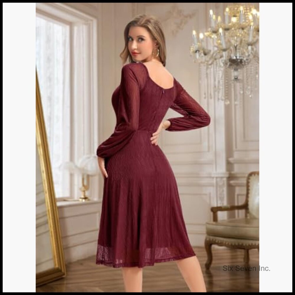 Nylon Spandex Lace Formal Dress Sweetheart Neck Long Sleeve Midi - Picture 3 of 7
